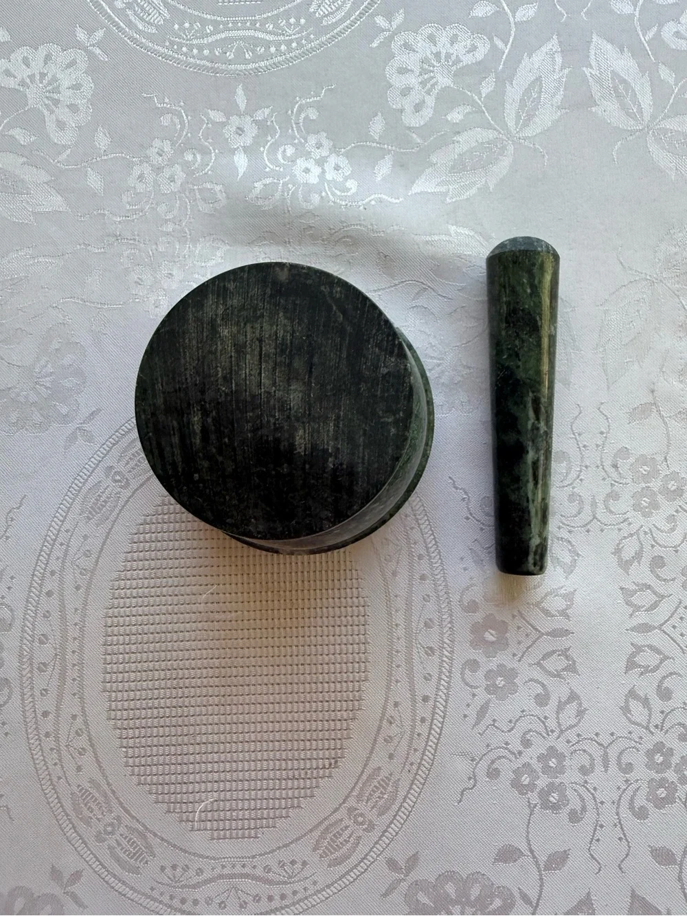 Vintage Y2K Green Marble Mortar And Pestle Set Used Grinding Spices Herbs Nuts